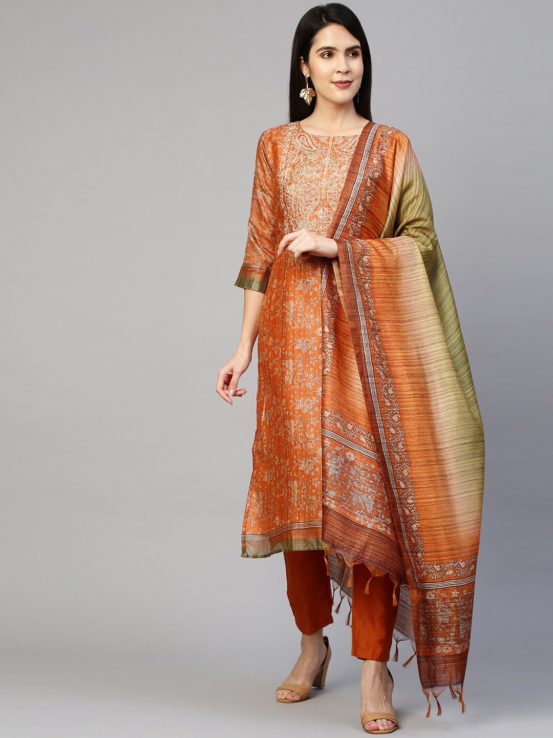 

FASHOR Women Rust Ethnic Motifs Printed Thread Work Kurta with Trousers & With Dupatta