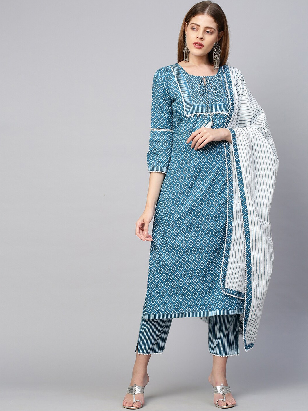 

FASHOR Women Blue Ethnic Motifs Printed Pure Cotton Kurta with Trousers & With Dupatta