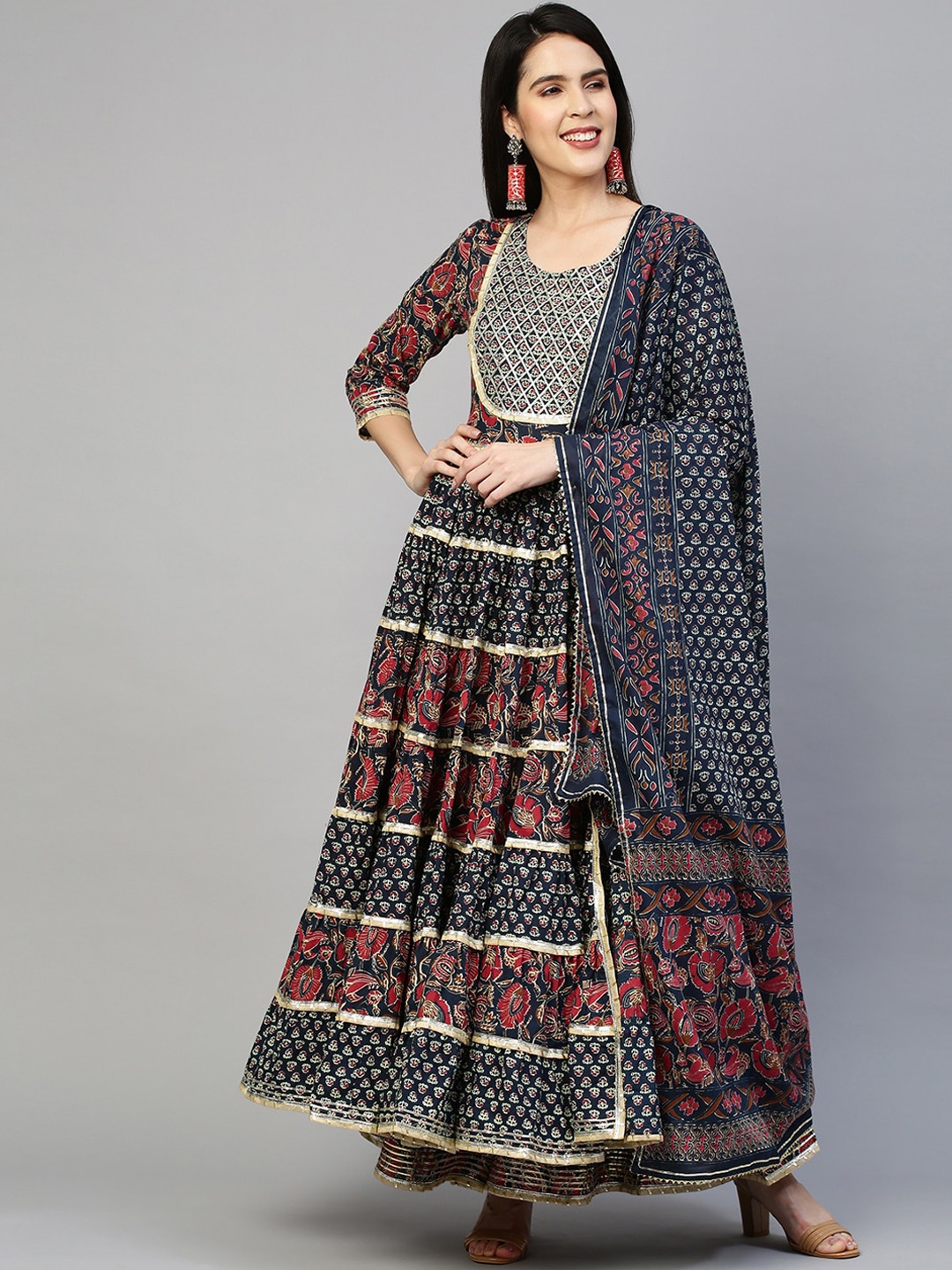 

FASHOR Women Navy Blue Printed Gotta Patti Pure Cotton Kurta with Trousers & With Dupatta