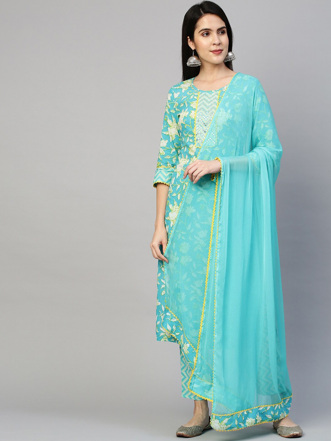 

FASHOR Women Turquoise Blue & Yellow Printed Pure Cotton Kurta with Trousers & Dupatta