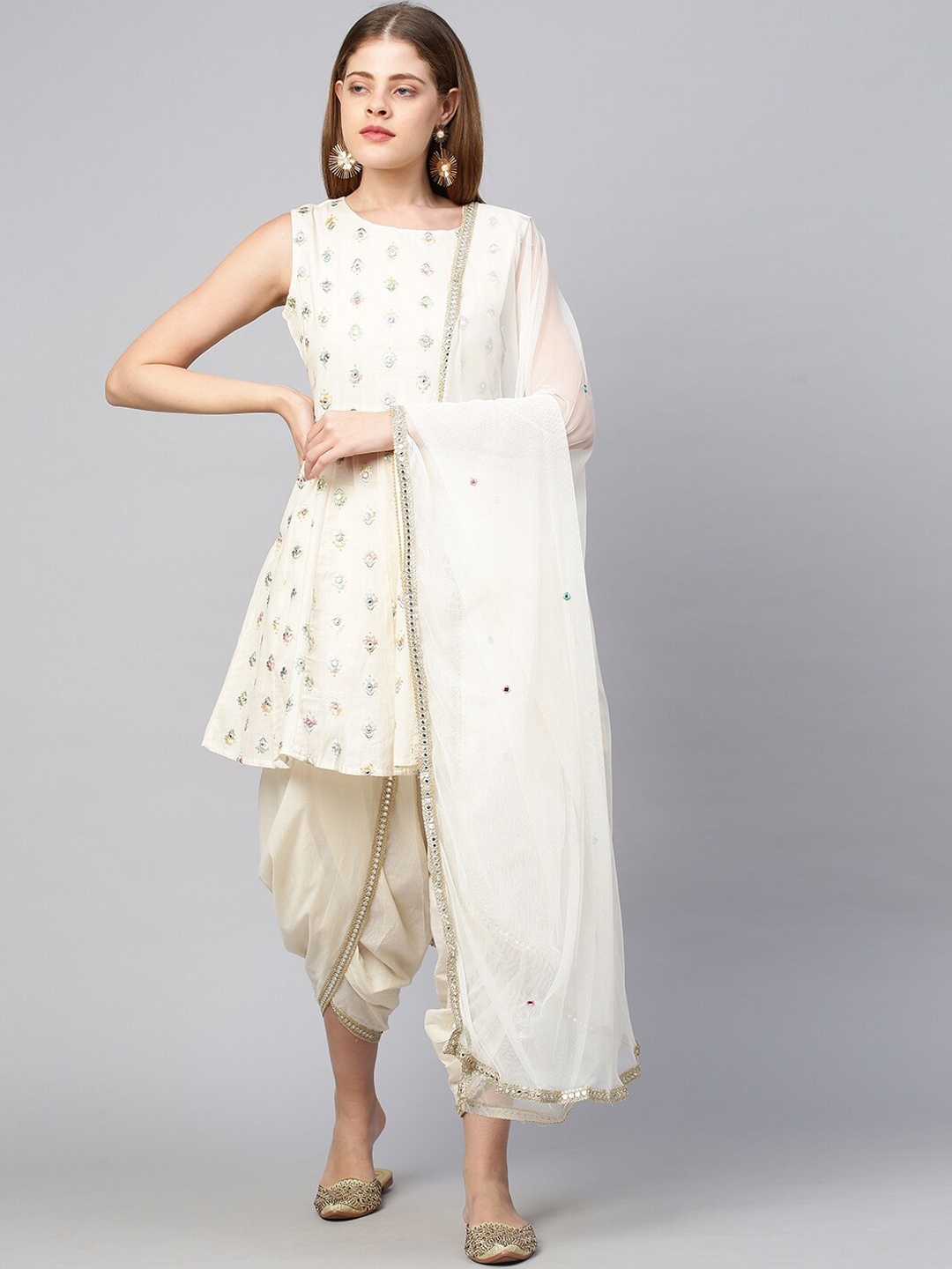 

FASHOR Women Off White Embroidered Empire Pure Cotton Kurti with Dhoti Pants & Dupatta