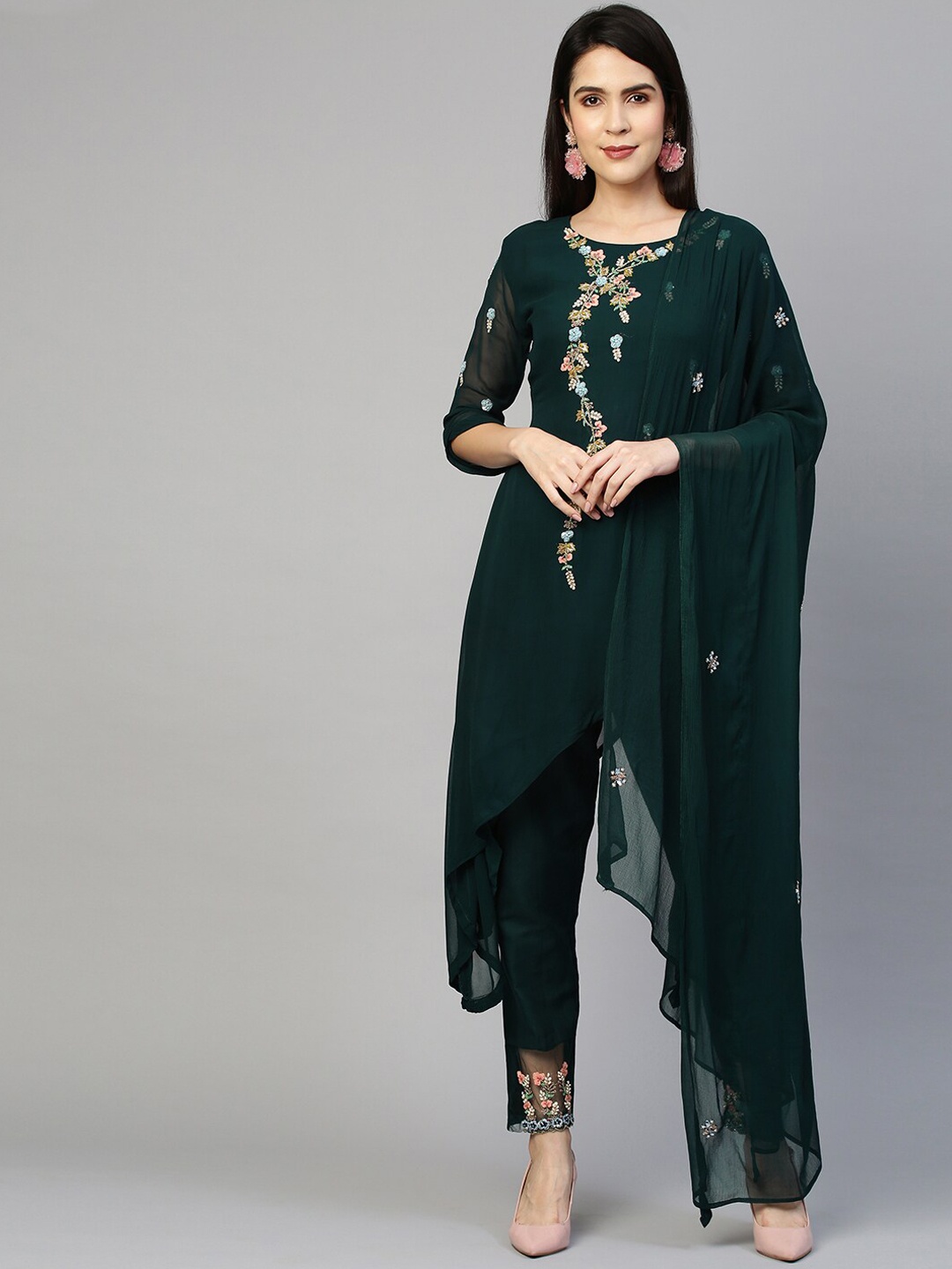 

FASHOR Women Green Floral Embroidered Kurta with Trousers & With Dupatta