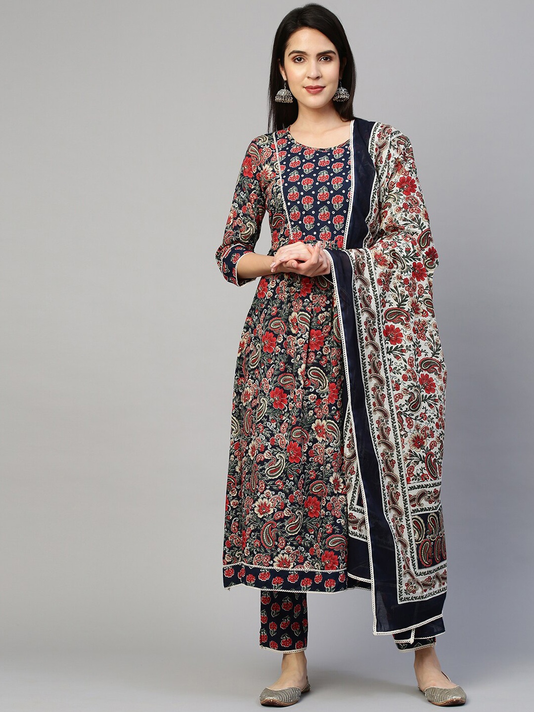 

FASHOR Women Navy Blue Floral Printed Pure Cotton Kurta with Trouser & With Dupatta