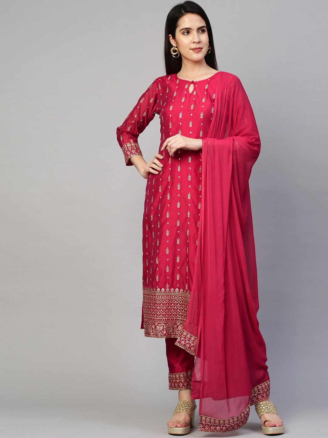 

FASHOR Women Pink Embroidered Sequinned Chanderi Silk Kurta with Trousers & With Dupatta
