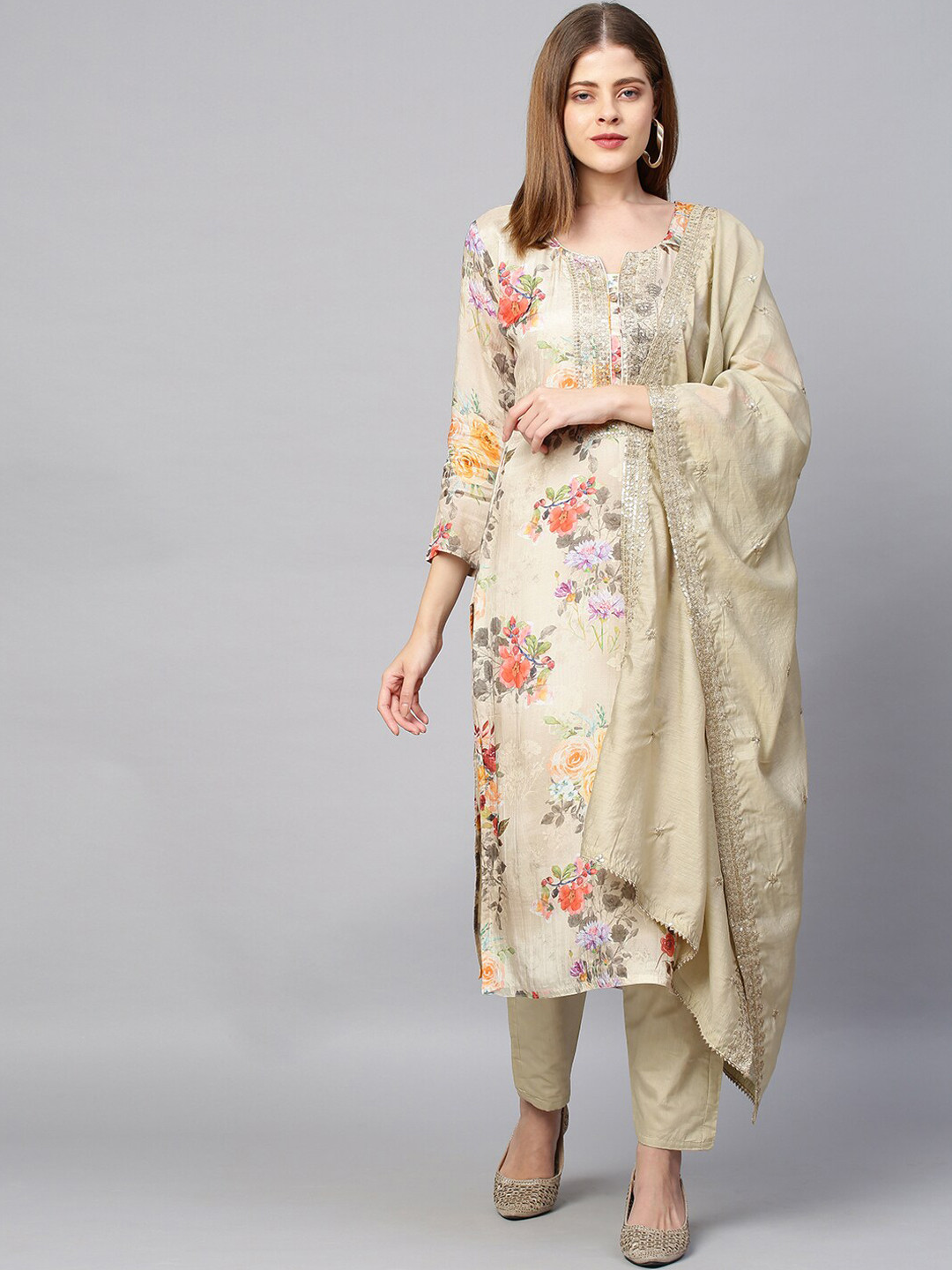 

FASHOR Women Beige & Purple Floral Printed Kurta with Trousers & With Dupatta