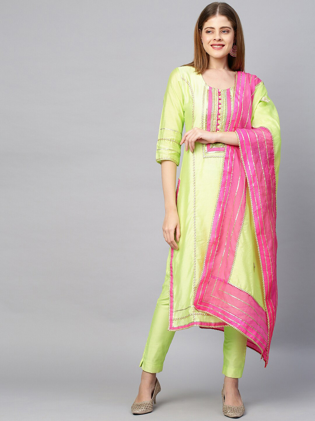 

FASHOR Women Lime Green Embroidered Gotta Patti Chanderi Silk Kurta set