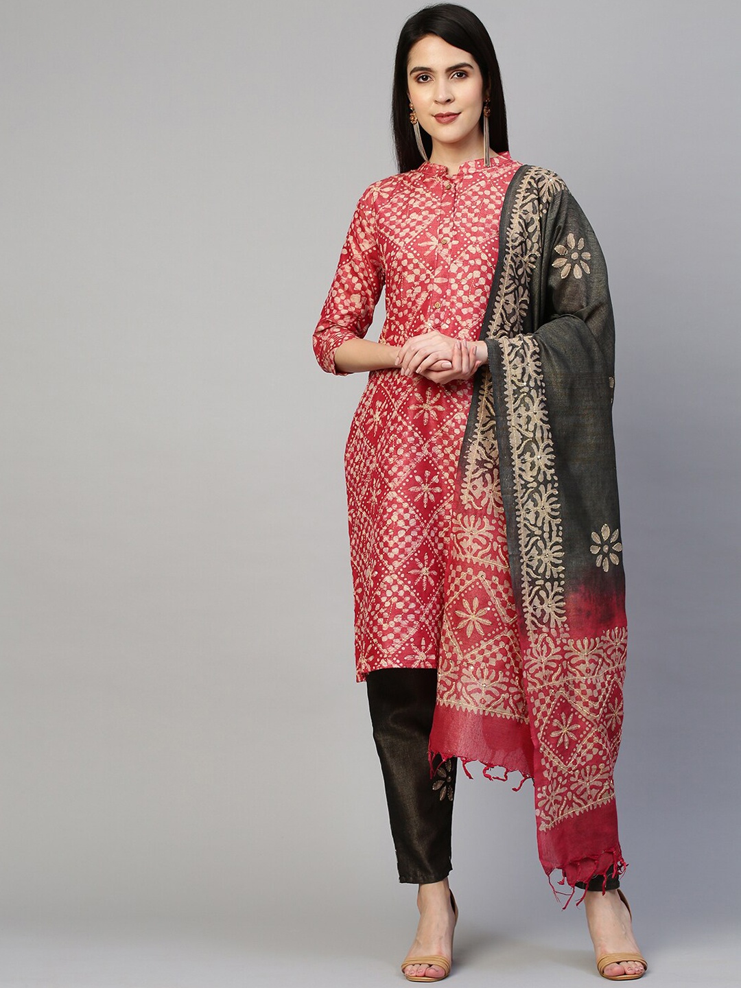 

FASHOR Women Red & Green Floral Printed Kurta with Trousers & With Dupatta