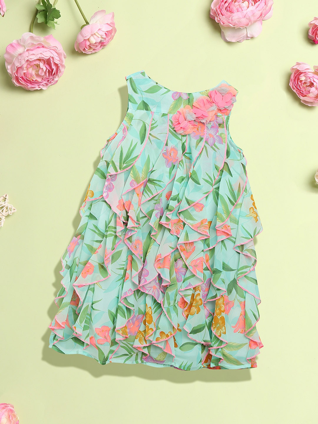 Nauti Nati Girls Green & Pink Ruffled Floral Georgette A-Line Dress