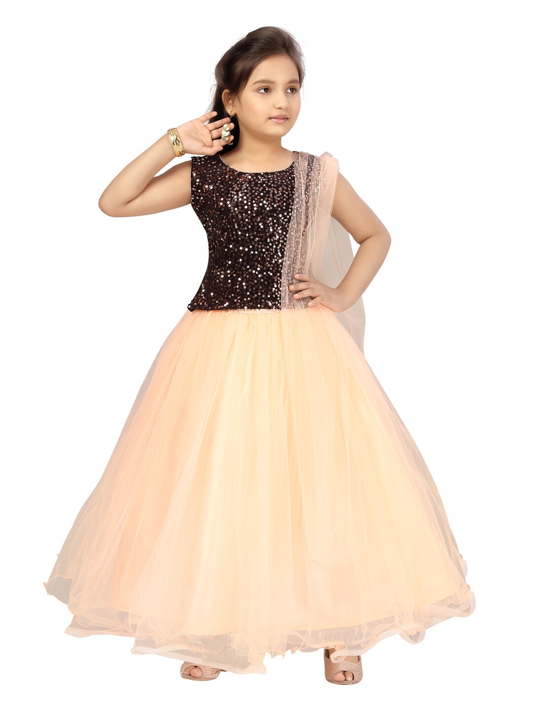 

Aarika Girls Black & Peach Embellished Ready To Wear Lehenga Choli With Dupatta