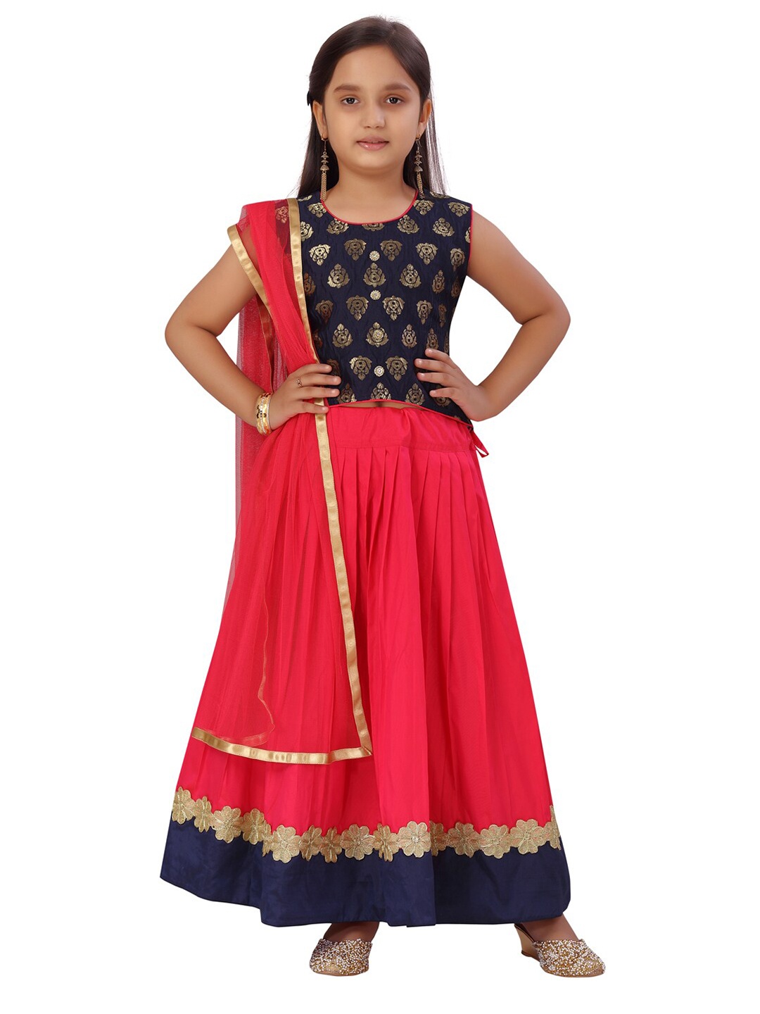 

Aarika Girls Navy Blue & Fuchsia Pink Ready to Wear Lehenga & Blouse With Dupatta