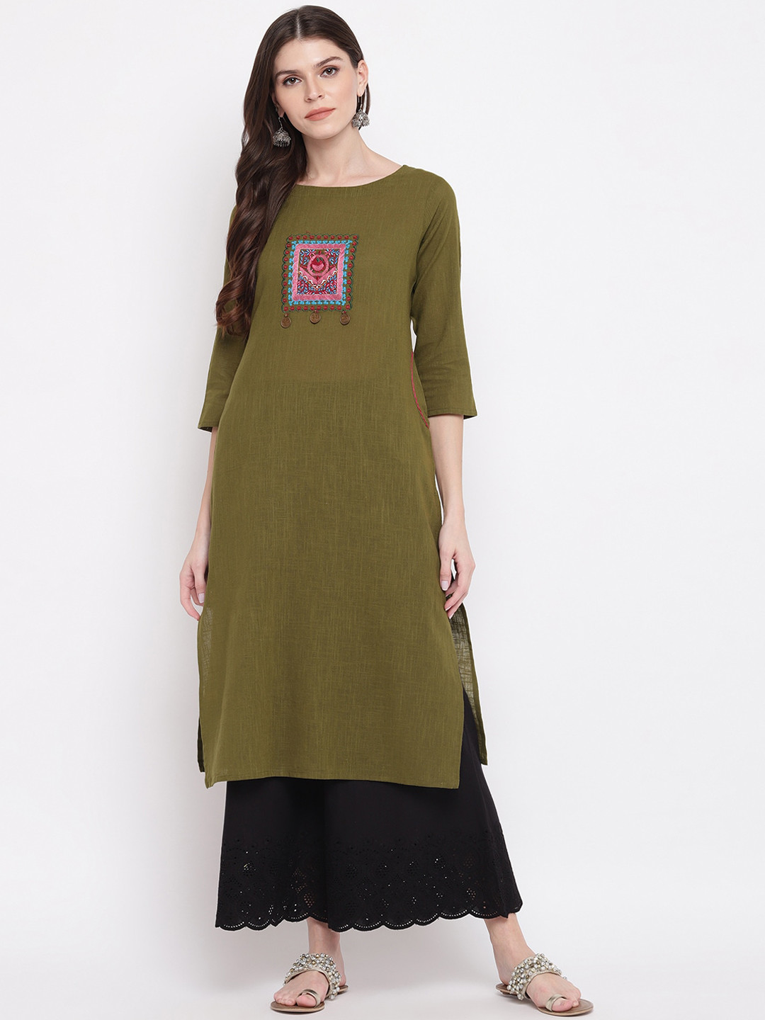 

KALINI Women Green & Pink Ethnic Motifs Embroidered Kurta