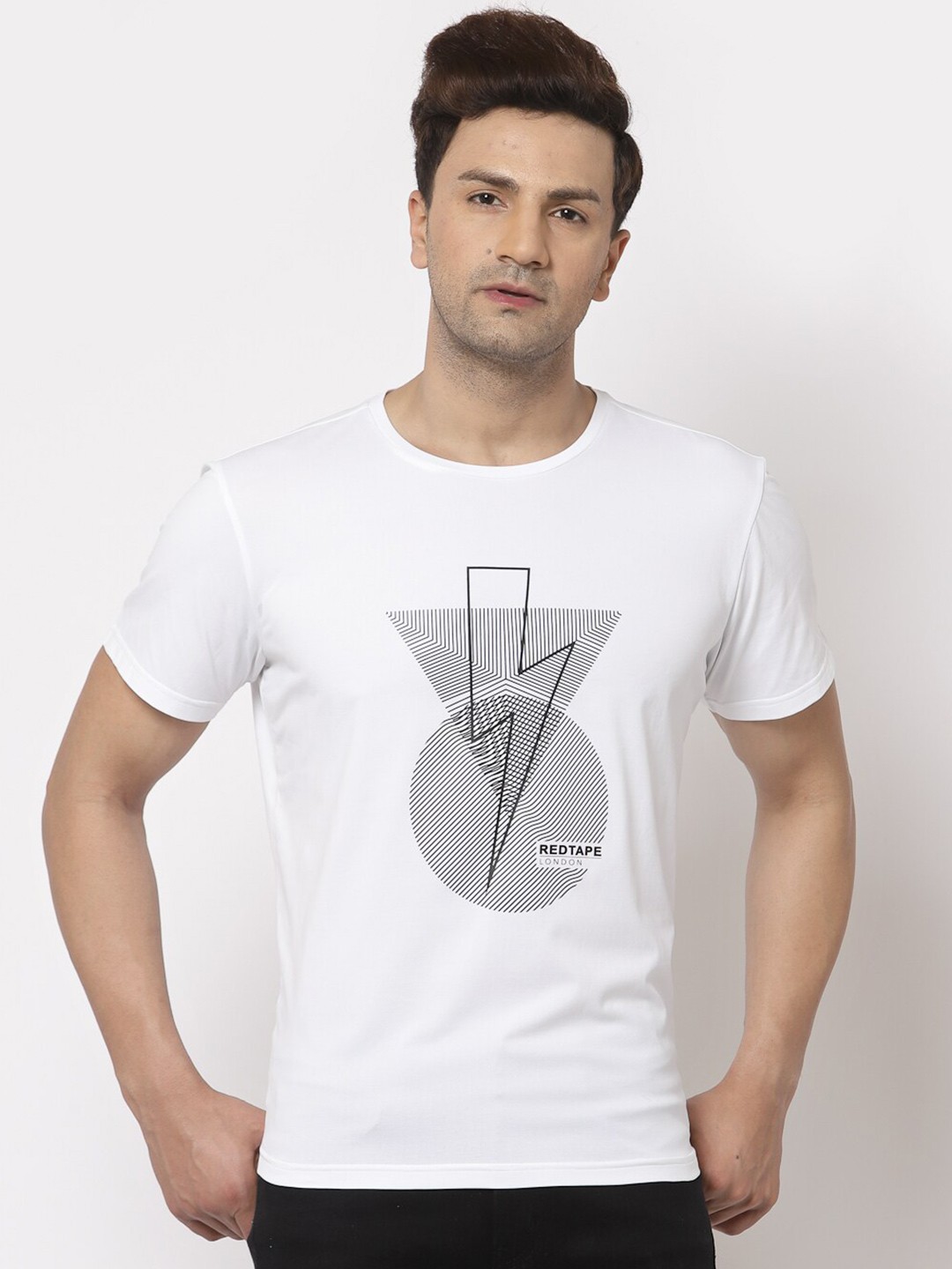 

Red Tape Men White & Black Graphic Printed Training or Gym T-shirt
