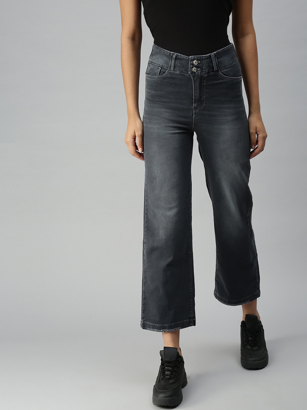 

SHOWOFF Women Grey Jean Wide Leg High-Rise Light Fade Stretchable Jeans