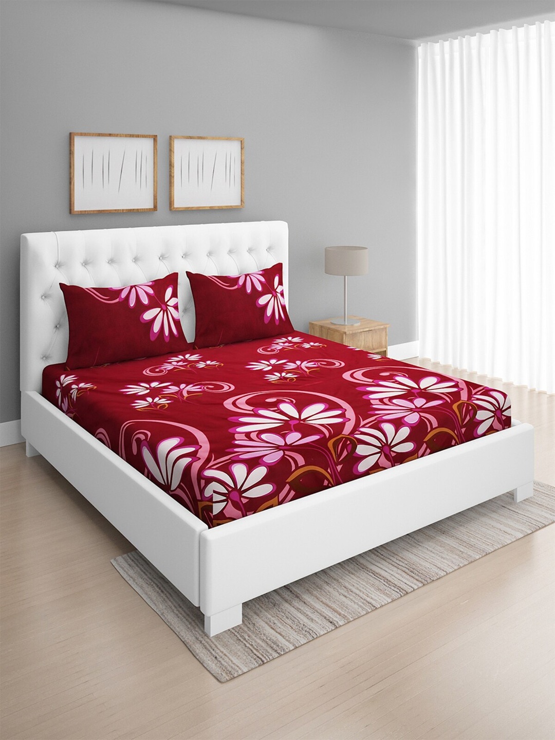 

ROMEE Maroon & Pink Floral 144 TC Queen Cotton Bedsheet with 2 Pillow Covers