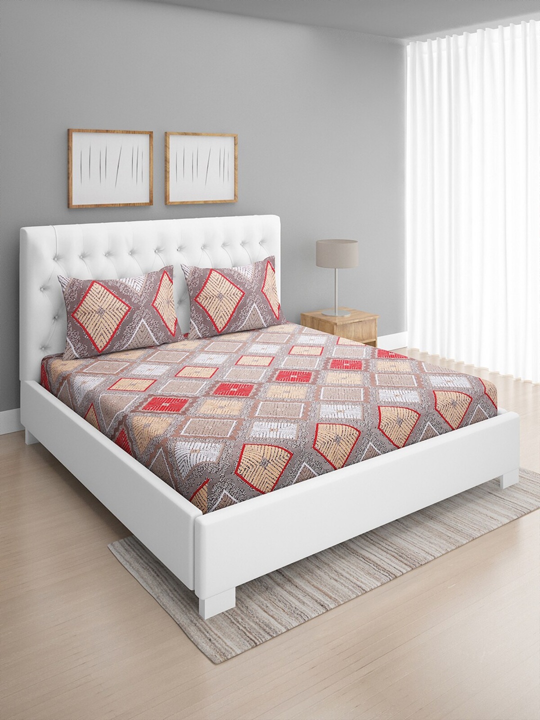 

ROMEE Beige & Red 144 TC Microfiber Queen Geometric Printed Bedsheet with 2 Pillow Covers