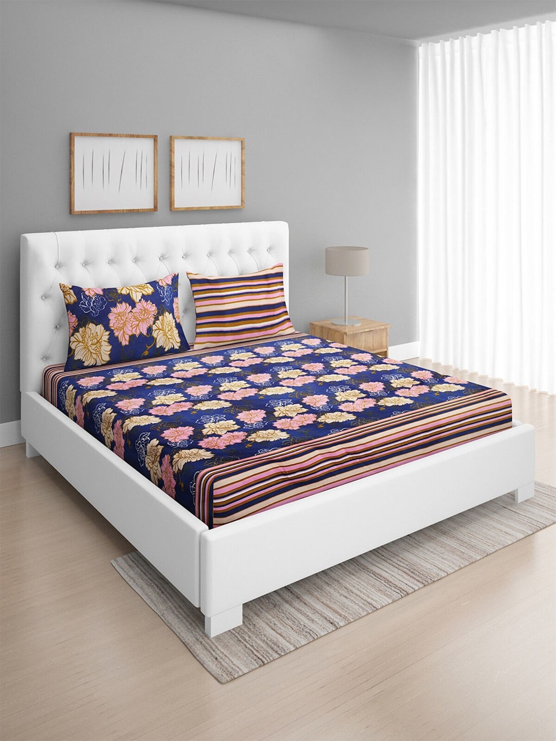 

ROMEE Navy Blue & Pink Floral 144 TC Microfiber Double Bedsheet with 2 Pillow Covers