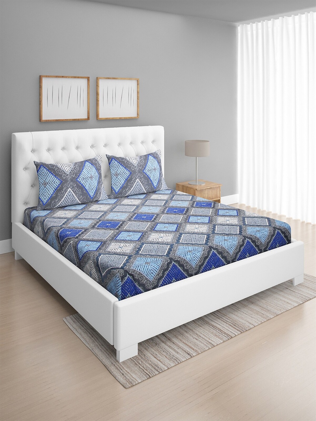 

ROMEE Blue & Grey Geometric 144 TC Microfiber Queen Bedsheet with 2 Pillow Covers