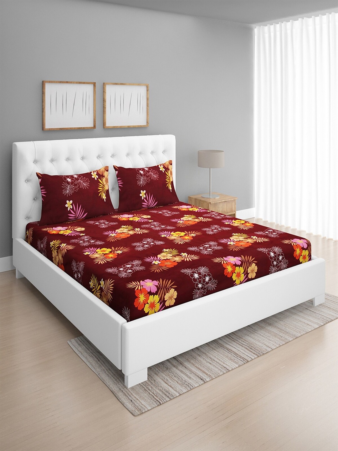 

ROMEE Maroon & Pink Floral 144 TC Microfiber Queen Bedsheet with 2 Pillow Covers