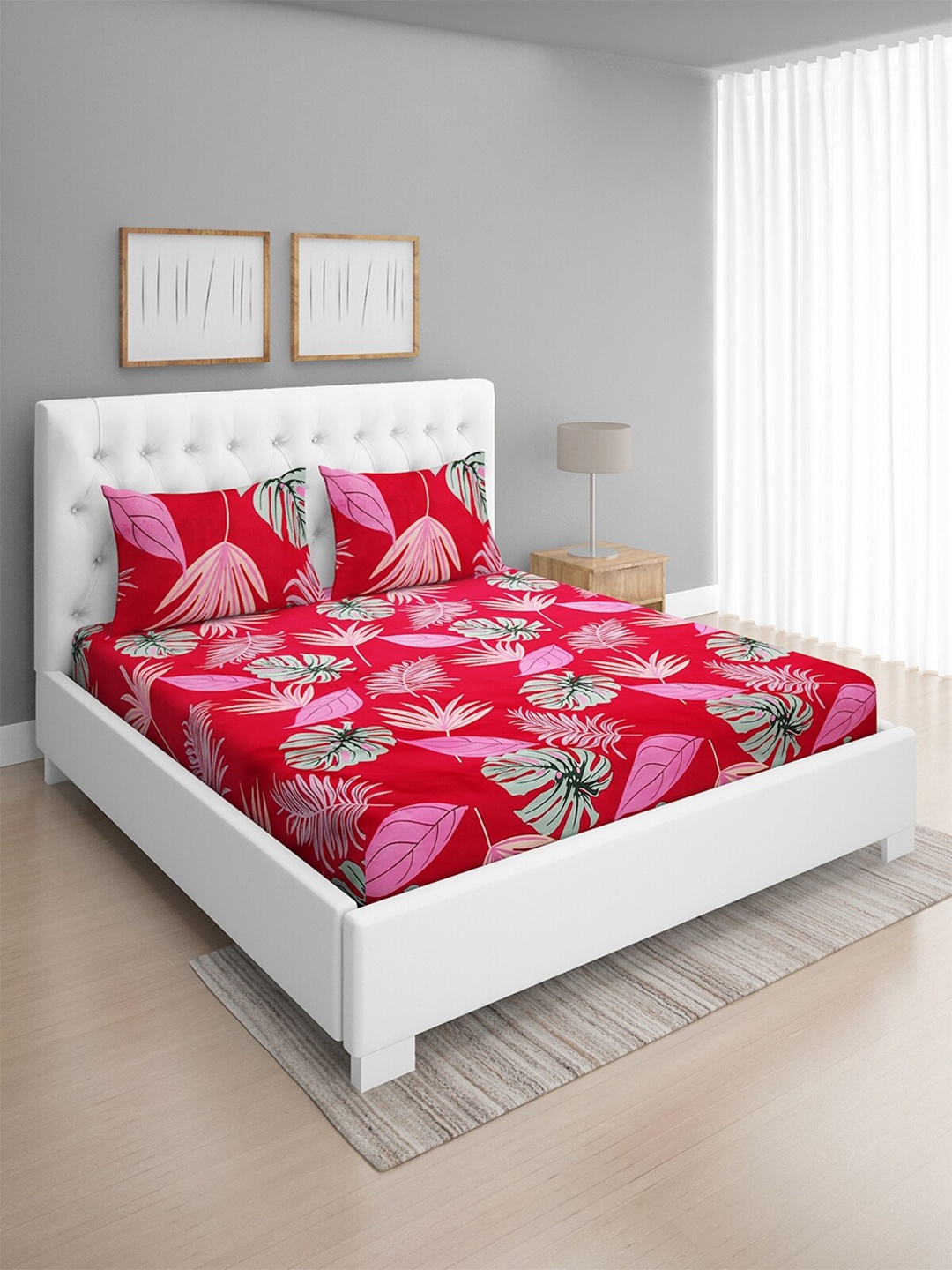 

ROMEE Red & Pink Floral 144 TC Microfiber Queen Bedsheet with 2 Pillow Covers