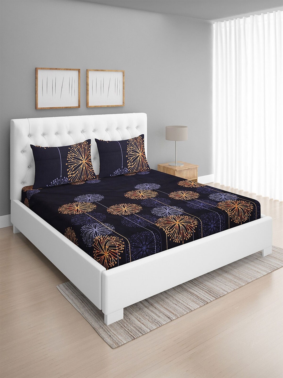 

ROMEE Blue & Orange Floral 144 TC Cotton Queen Bedsheet with 2 Pillow Covers