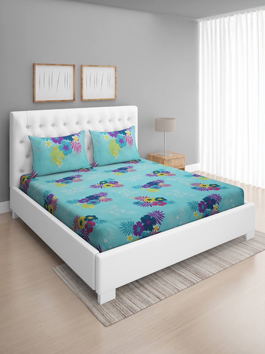 

ROMEE Blue & Yellow 144 TC Queen Floral Cotton Bedsheet with 2 Pillow Covers