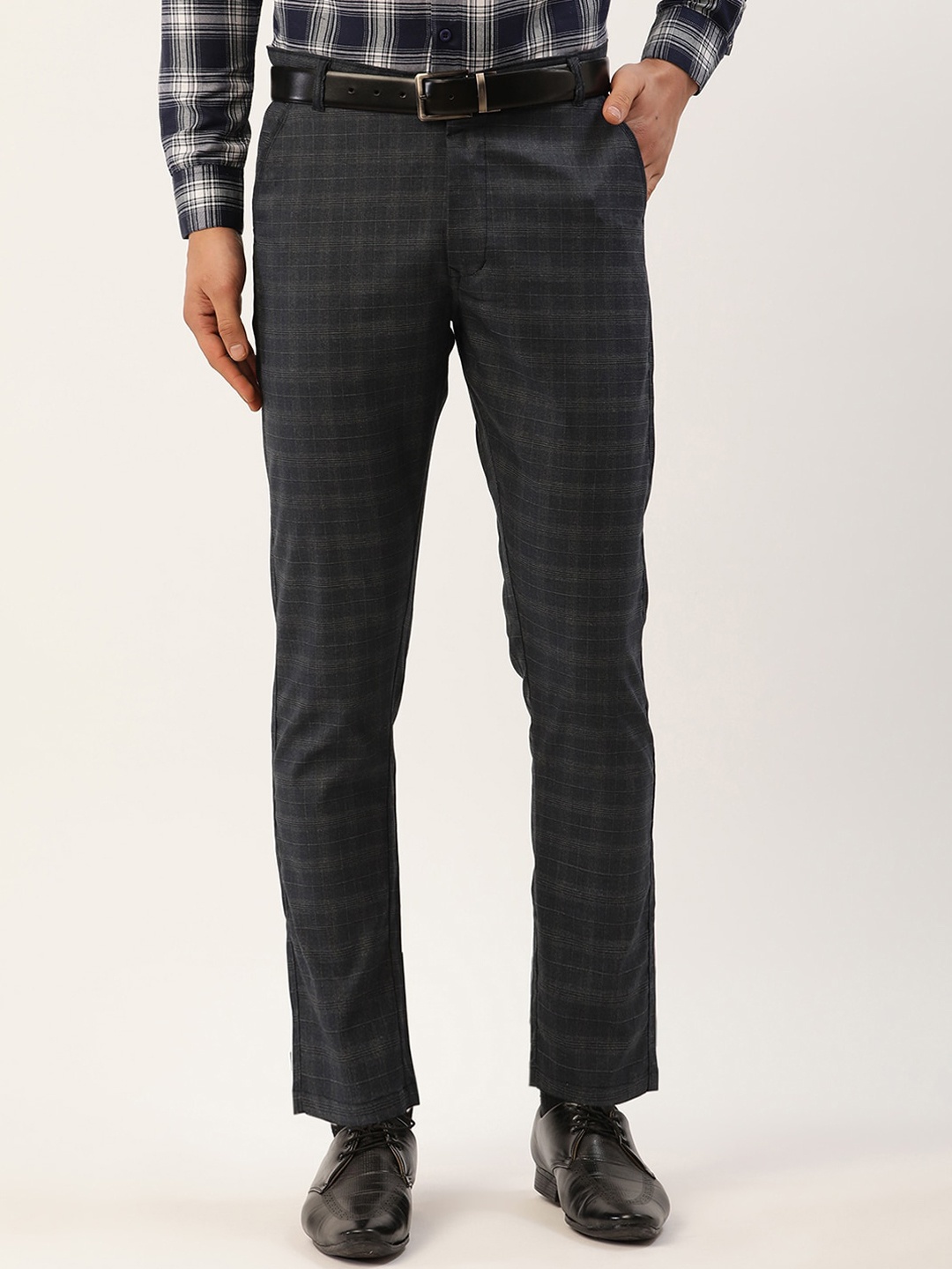 

JAINISH Men Black Checked Smart Slim Fit Easy Wash Trousers