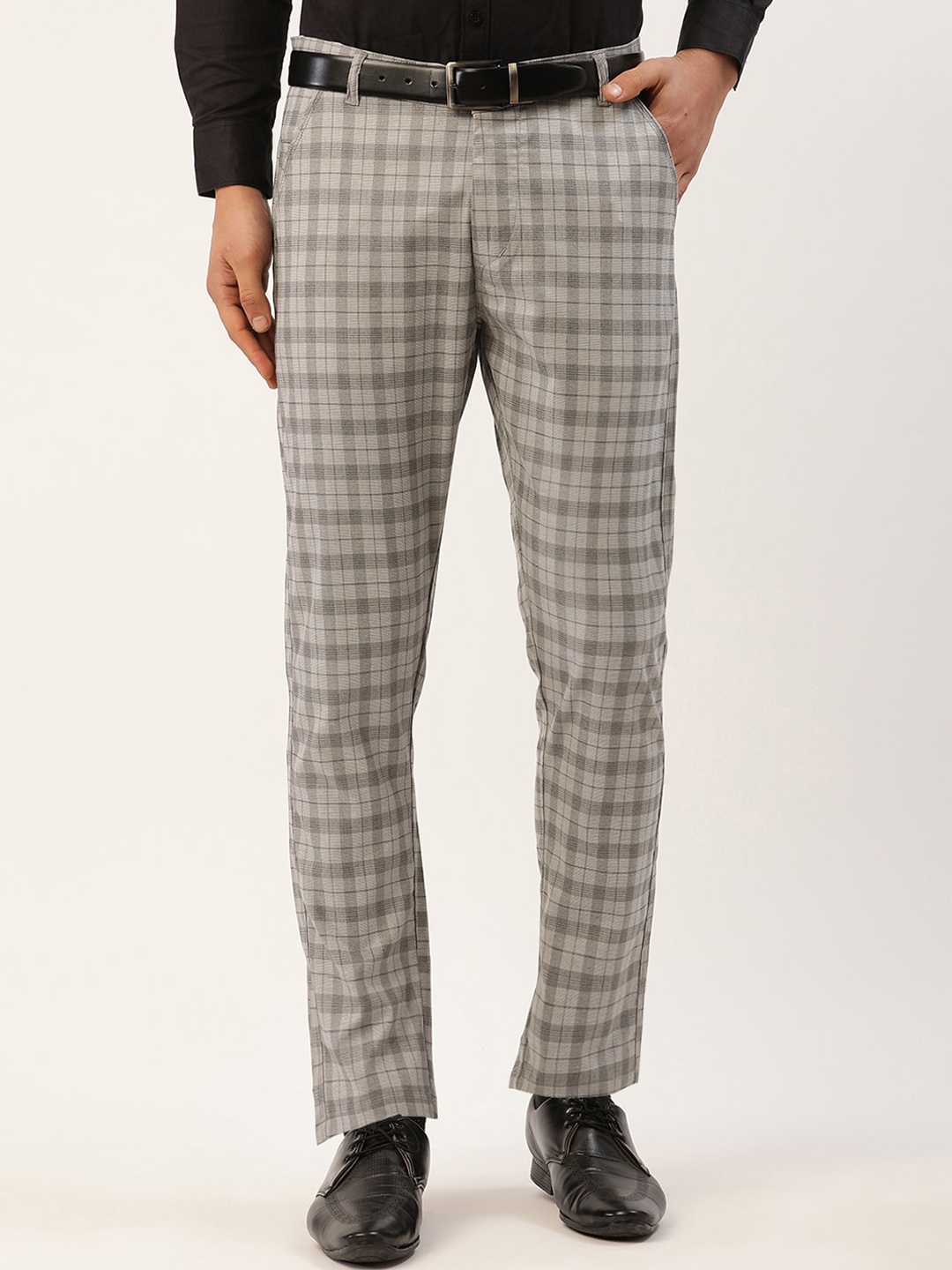 

JAINISH Men Grey Checked Smart Slim Fit Easy Wash Trousers