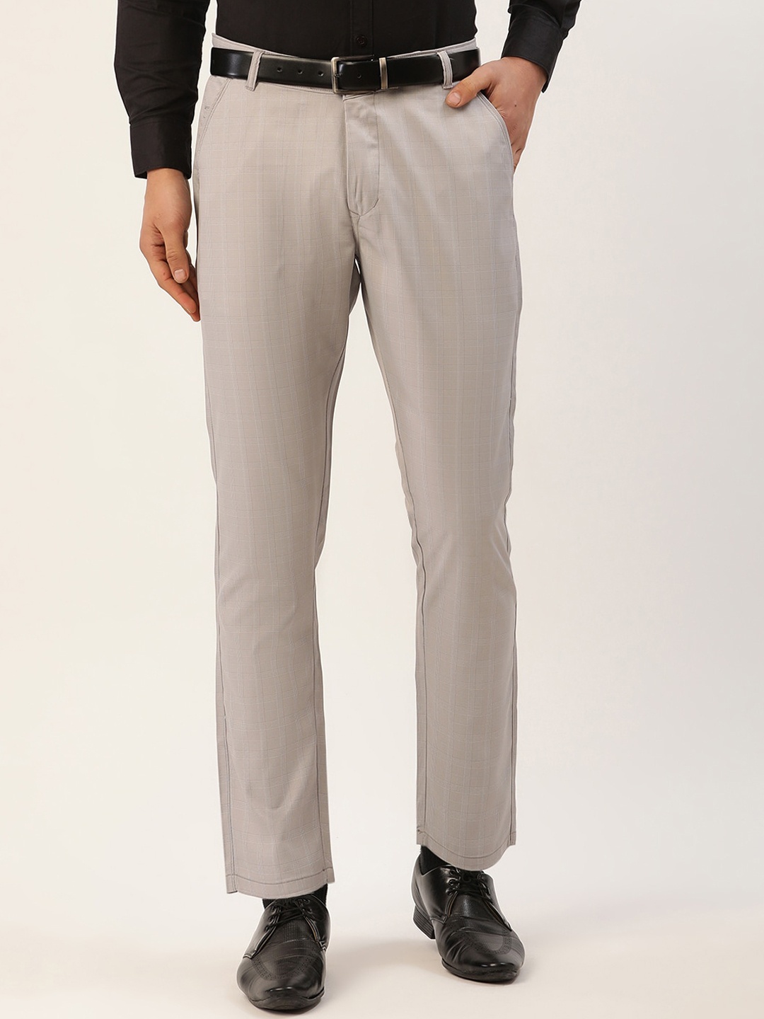 

JAINISH Men Grey Checked Smart Slim Fit Easy Wash Pure Cotton Trousers