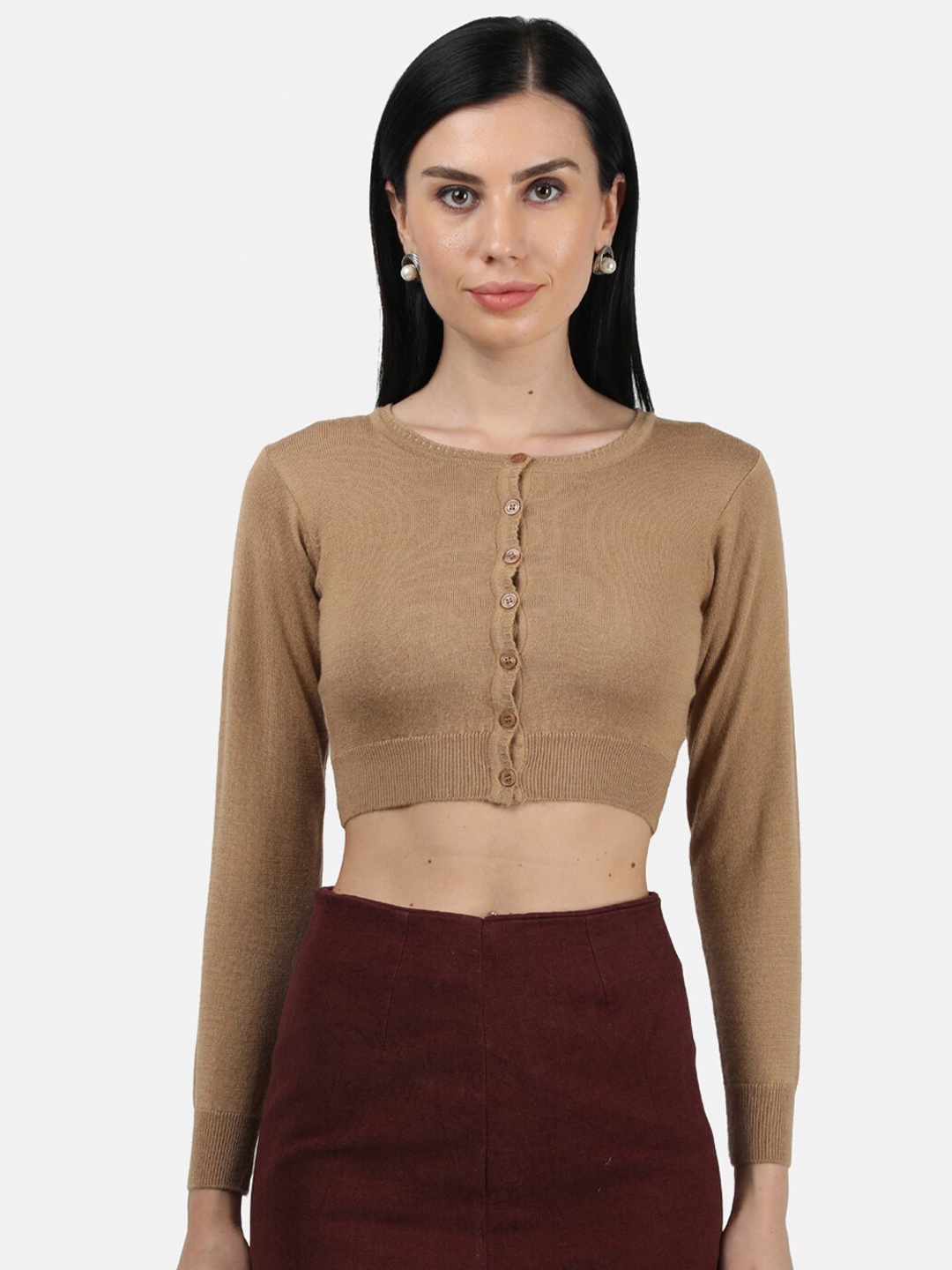 

Monte Carlo Women Brown Solid Crop Cardigan