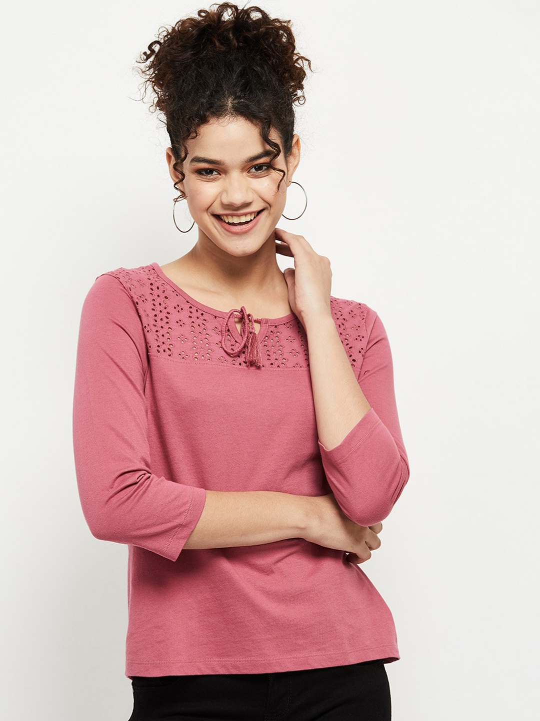 

max Women Pink Pure Cotton Schiffli Top