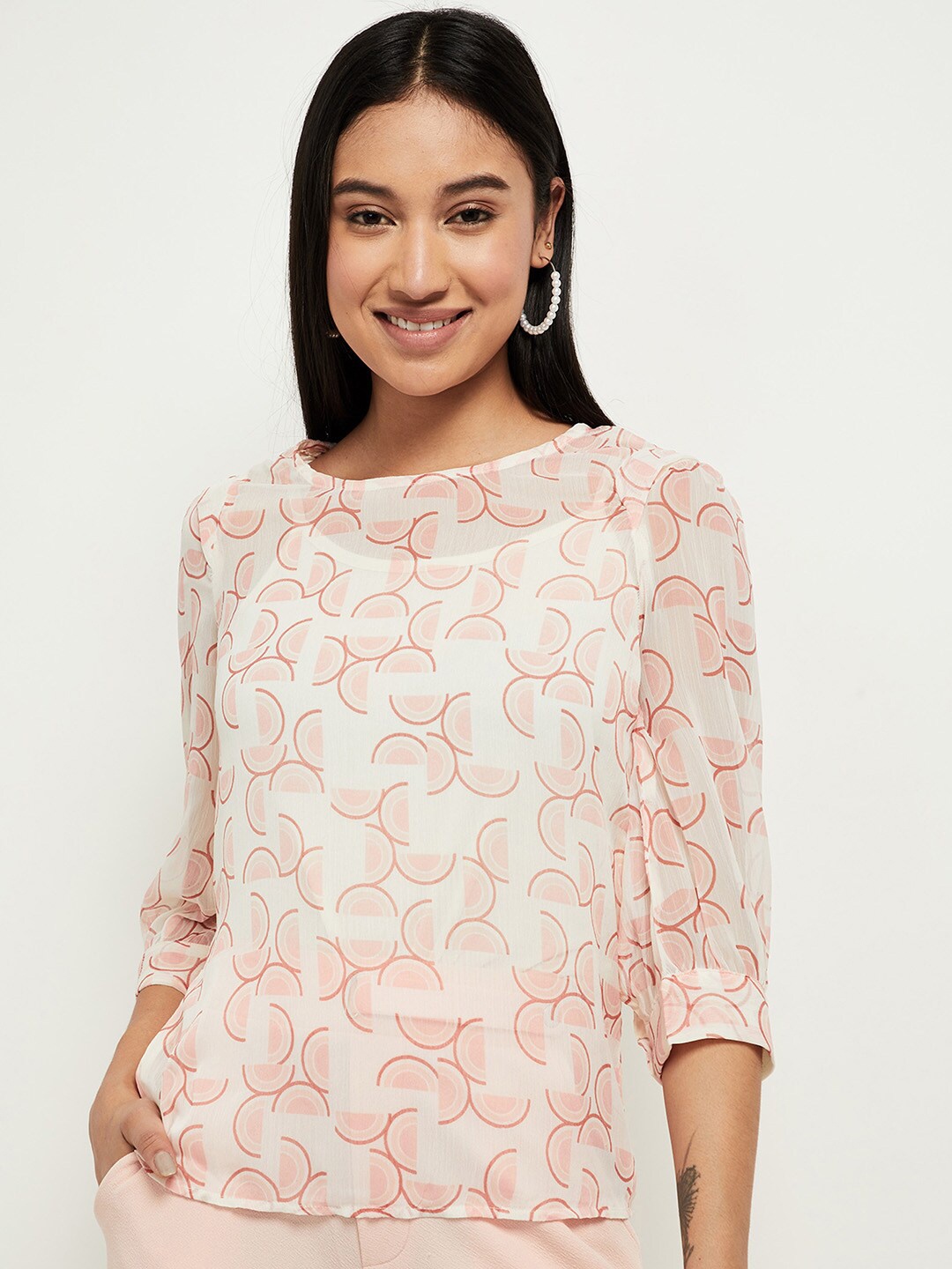 

max Off White & Peach-Coloured Floral Print Top