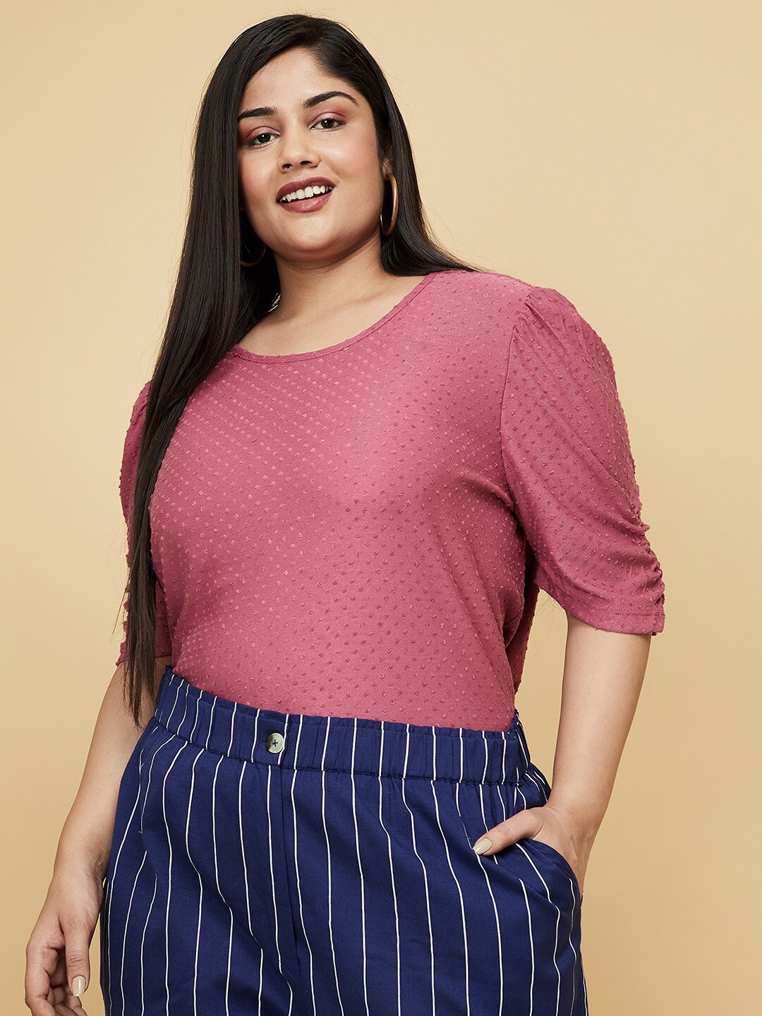 

max Plus Size Magenta Self Design Puff Sleeves Top
