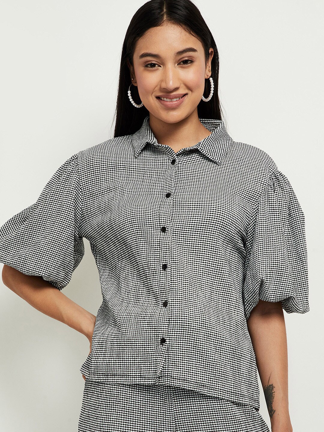 

max Women White & Black Checked Shirt Style Top