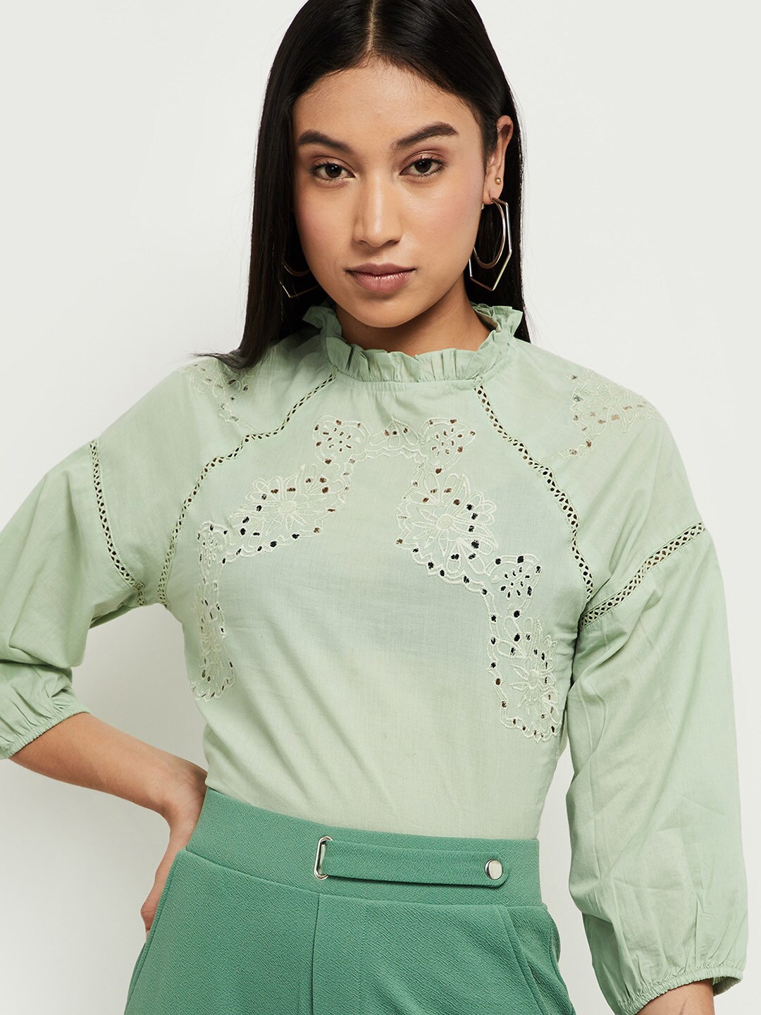 

max Women Sage Self Design Cotton Blend Top, Green