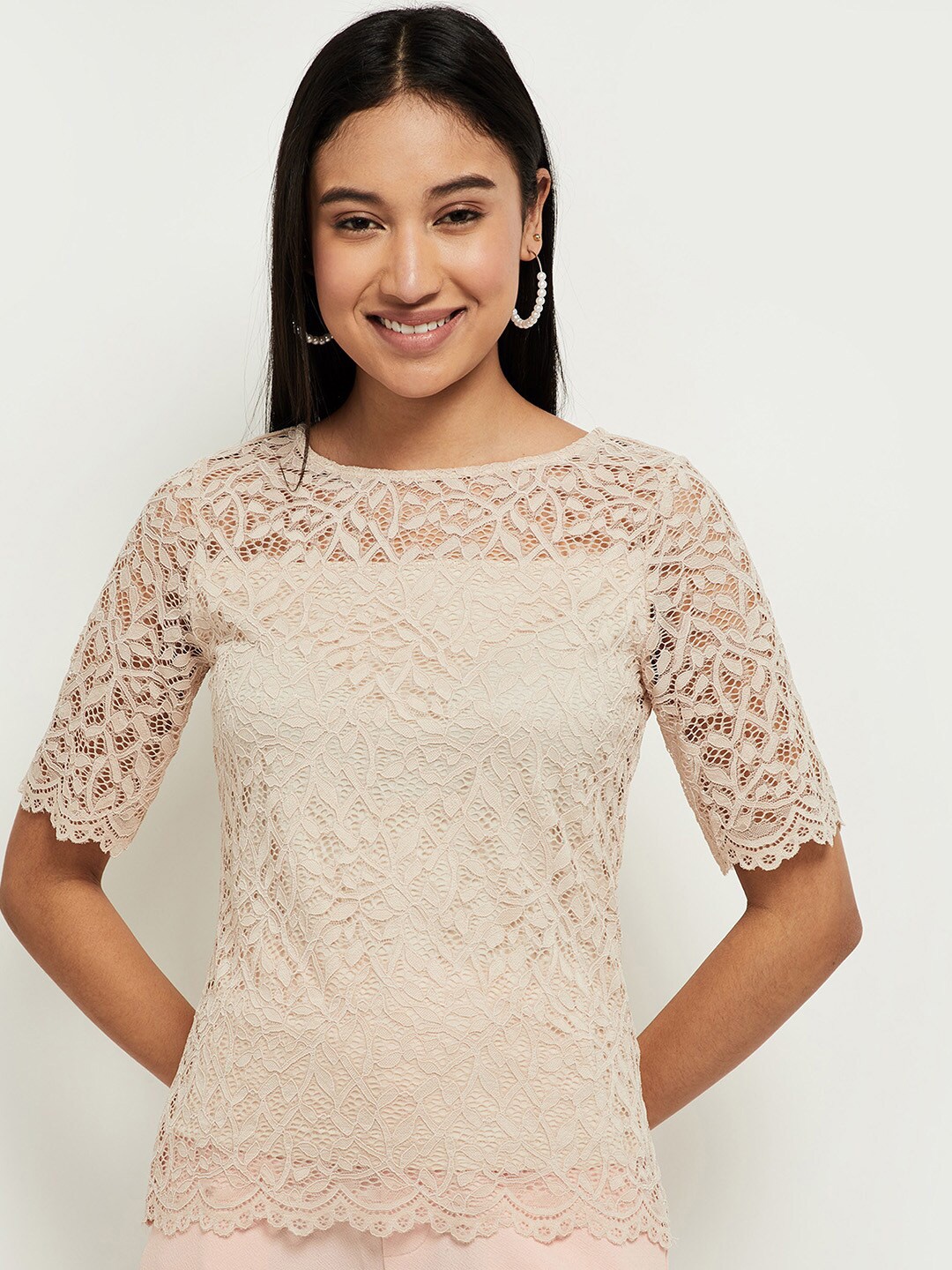 

max Pink Sheer Lace Top