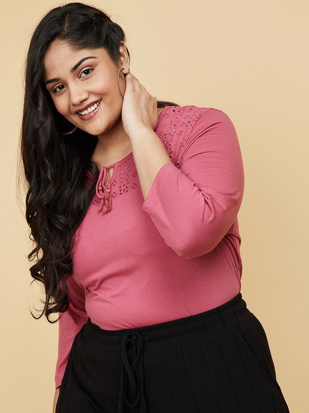 

max Plus Size Women Pink Tie-Up Neck Cotton Top