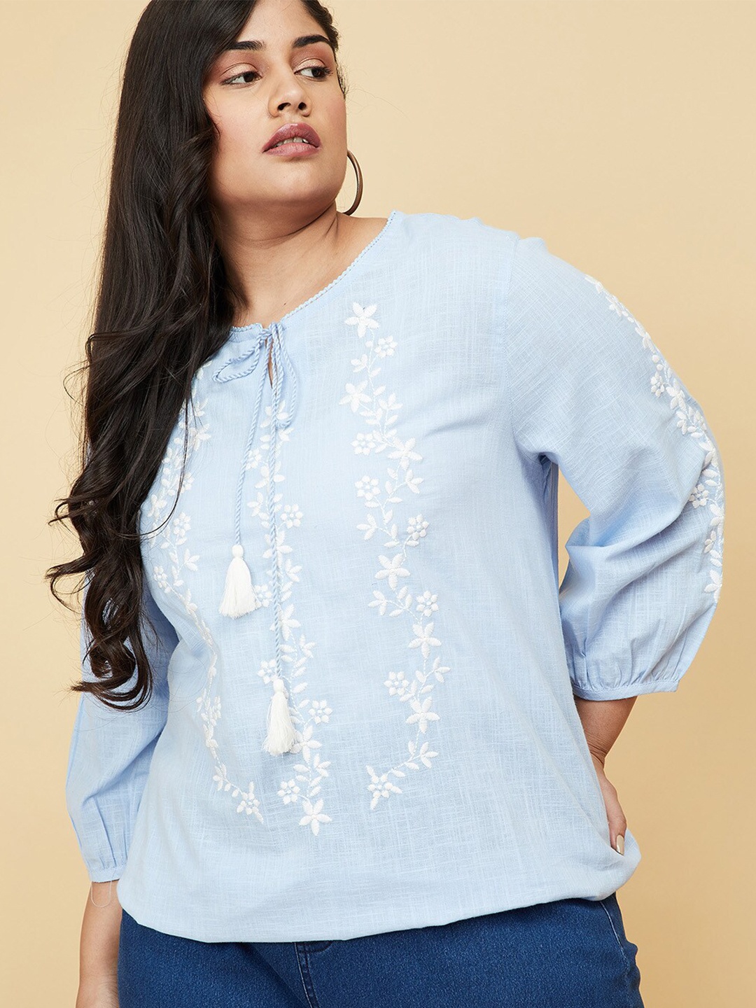 

max Plus Size Women Blue Embroidered Cotton Top