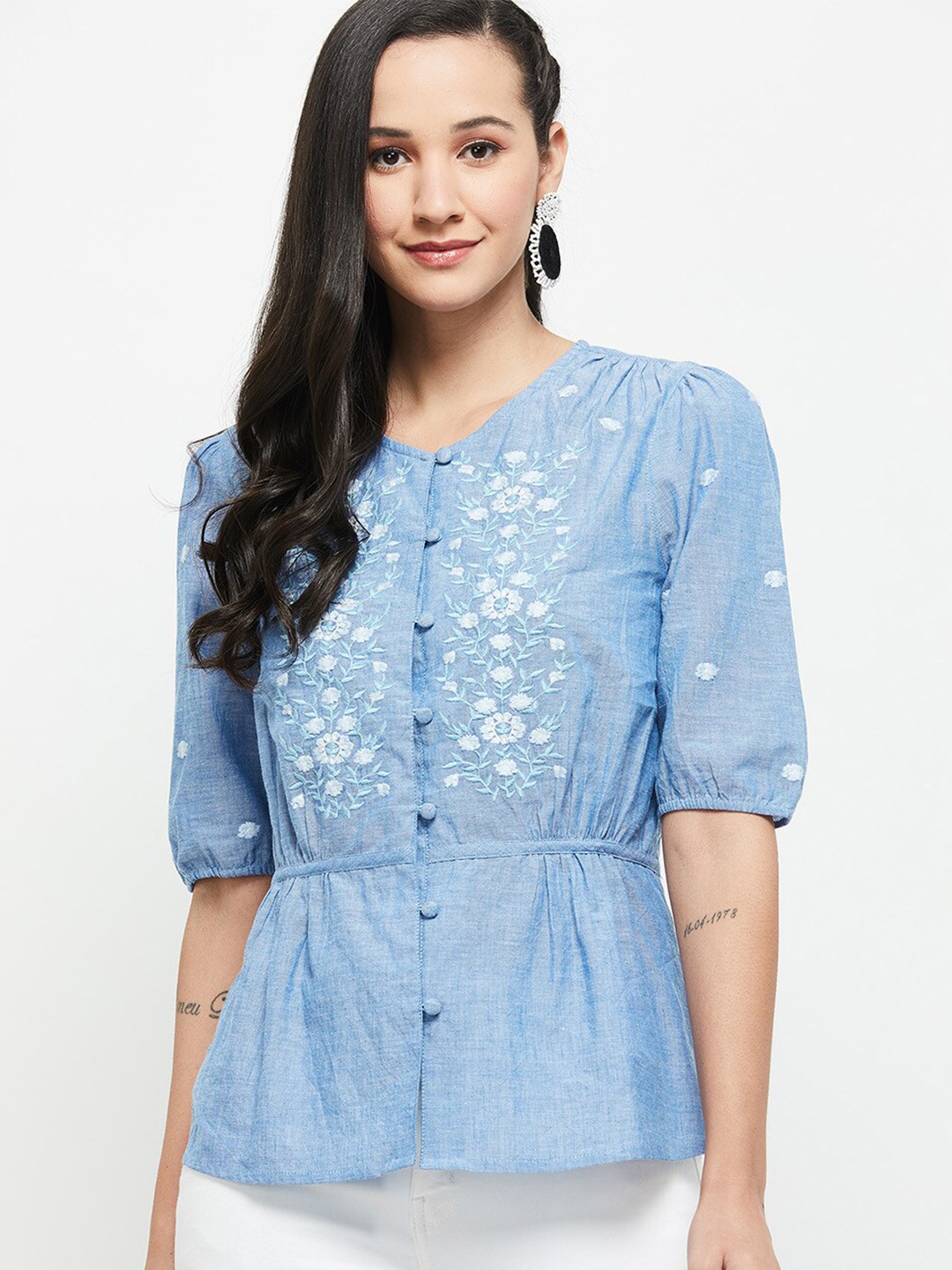

max Blue Floral Embroidered Cotton Cinched Waist Top