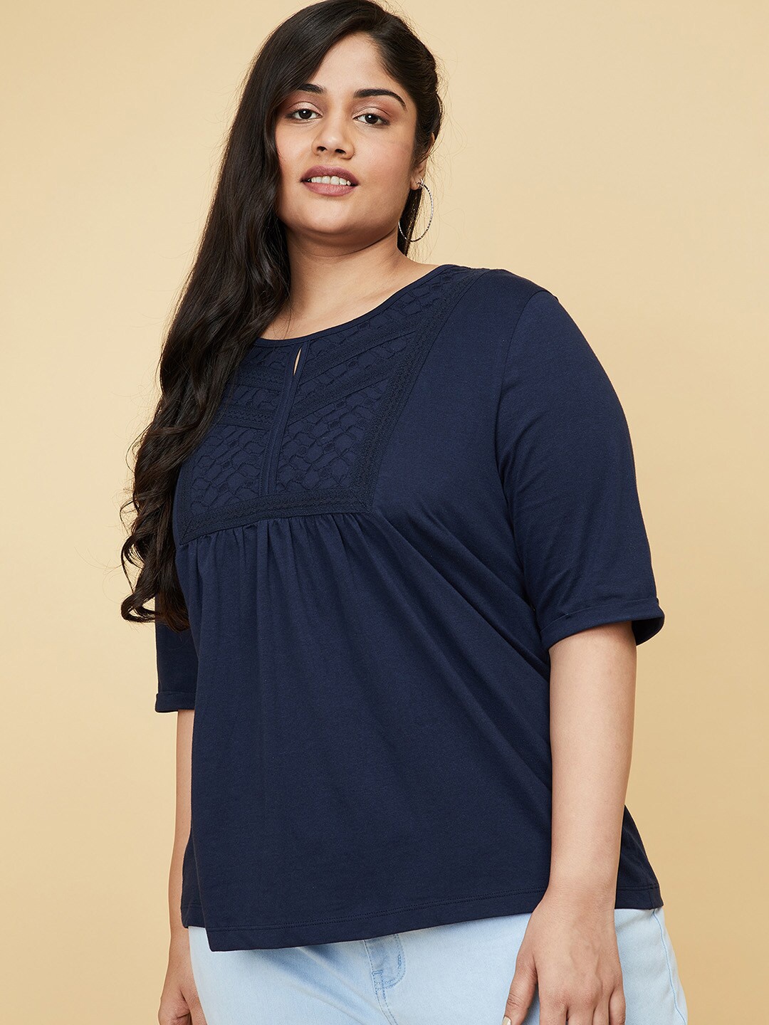 

max Plus Size Navy Blue Solid Pure Cotton Top