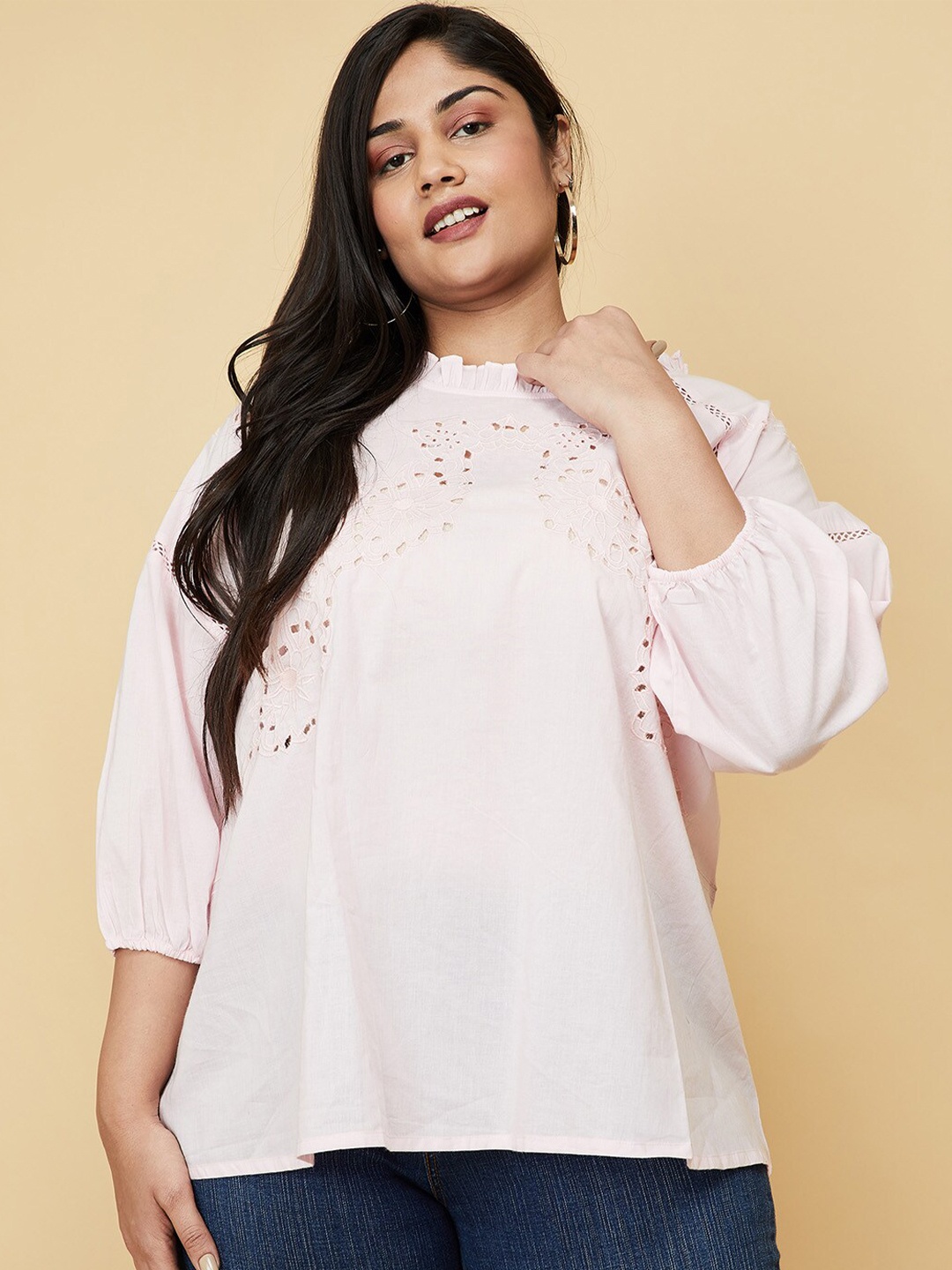 

max Women Plus Size Pink Solid Pure Cotton Regular Top With Cut Out
