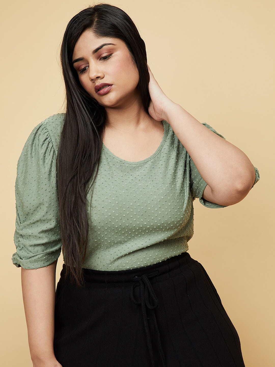 

max Olive Green Round Neck Plus Size Casual Top