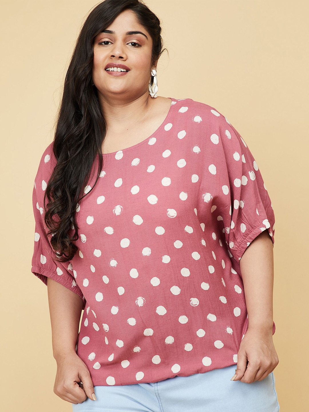 

max Plus Size Women Pink Polka Dot Printed Extended Sleeves Cotton Top