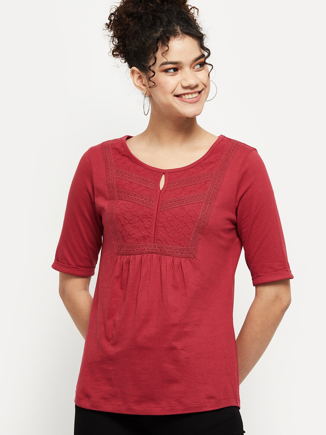 

max Red Yoke Embroidered Keyhole Neck Pure Cotton Top
