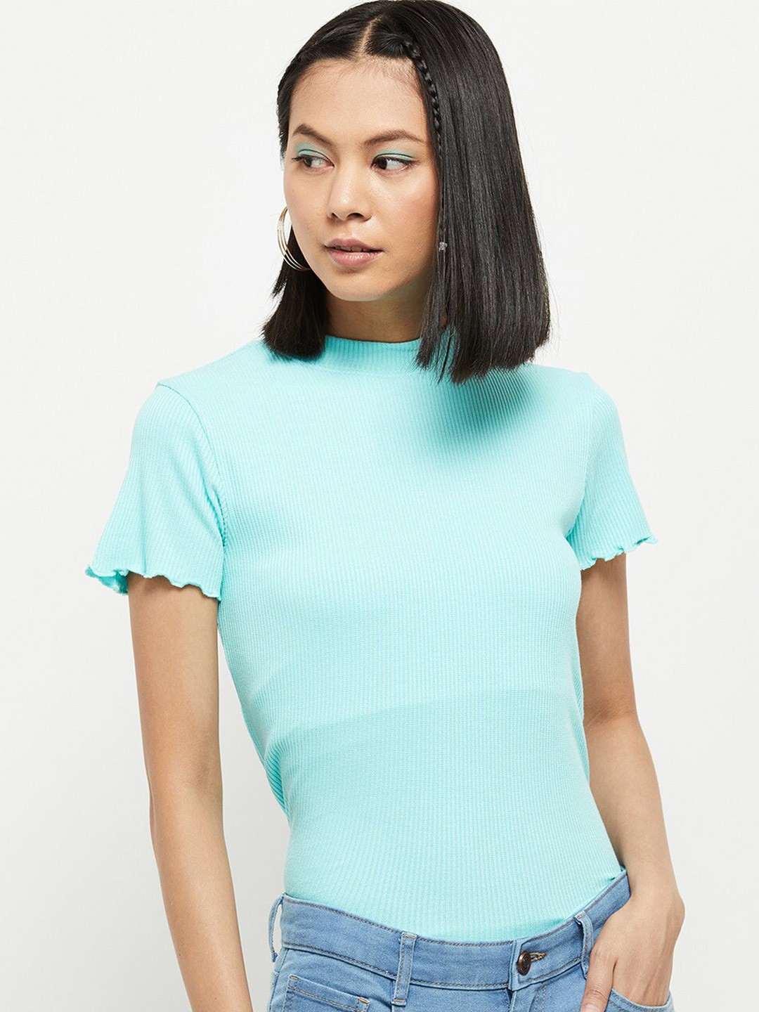 

max Women Blue Solid High Neck Regular Top