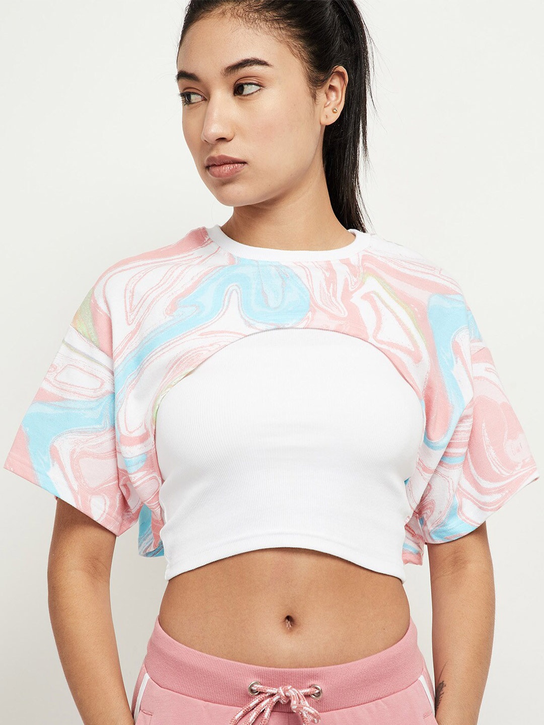 

max Pink Print Extended Sleeves Crop Top