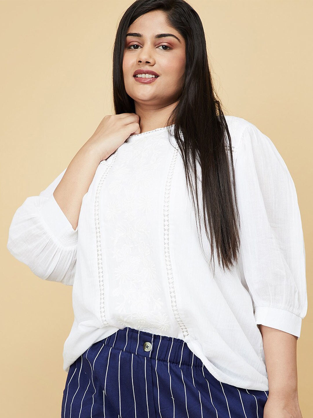 

max Plus Size White Solid Pure Cotton Top