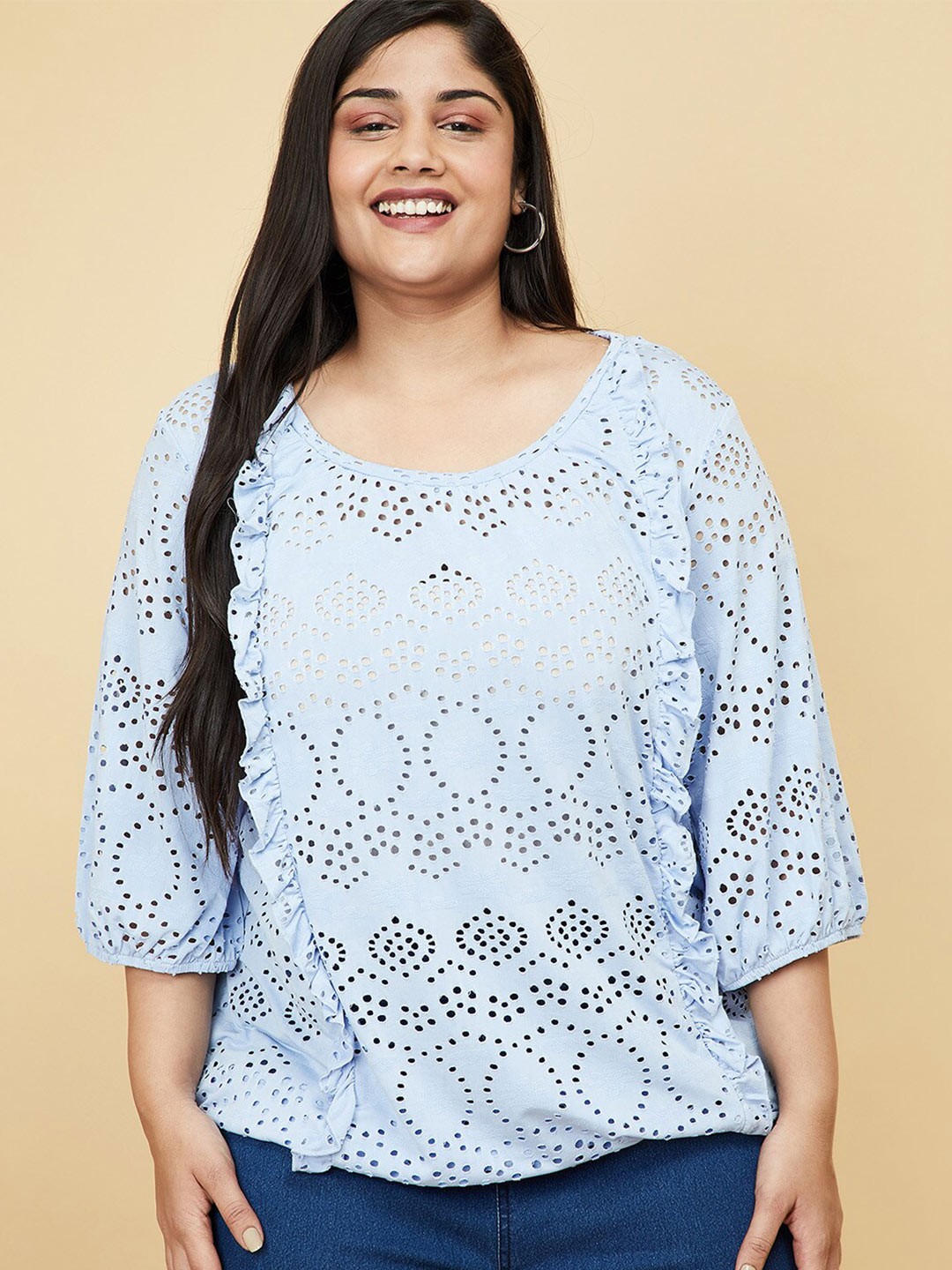 

max Women Plus Size Blue Schiffli Top