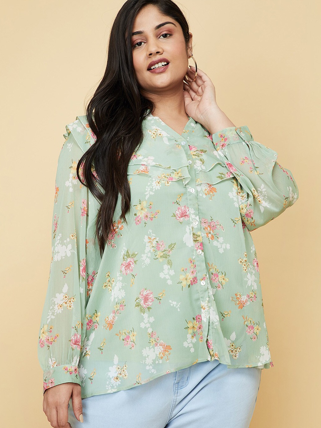 

max Plus Size Women Green & Orange Floral Printed Top