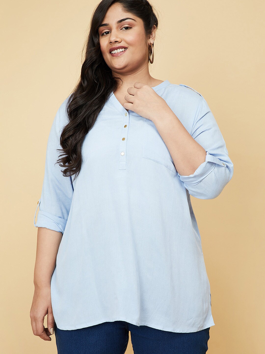 

max Women Plus Size Blue Roll-Up Sleeves Shirt Style Top
