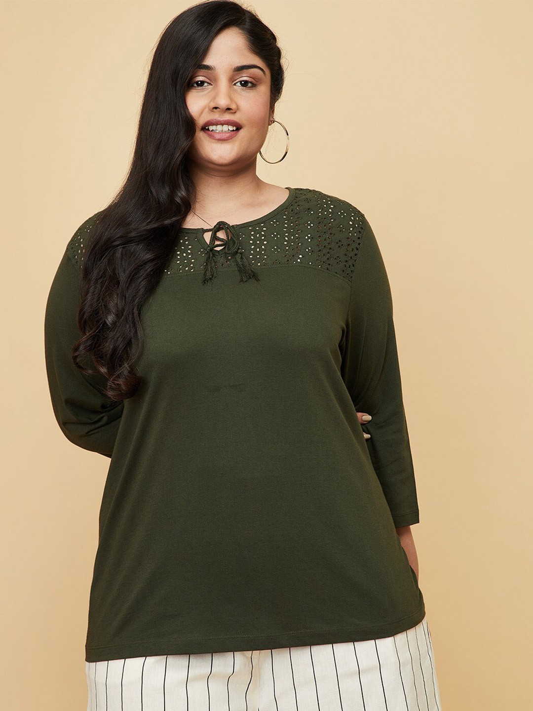 

max Plus Size Women Green Tie-Up Neck Cotton Top